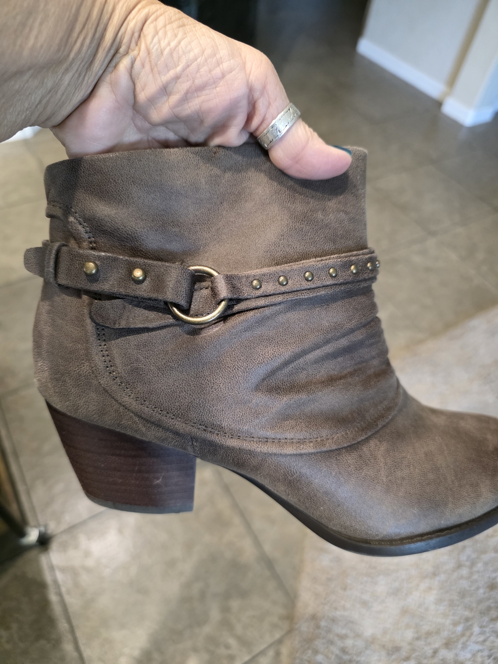 BareTraps Taupe Suede Ankle Boot with Studded Ring Strap